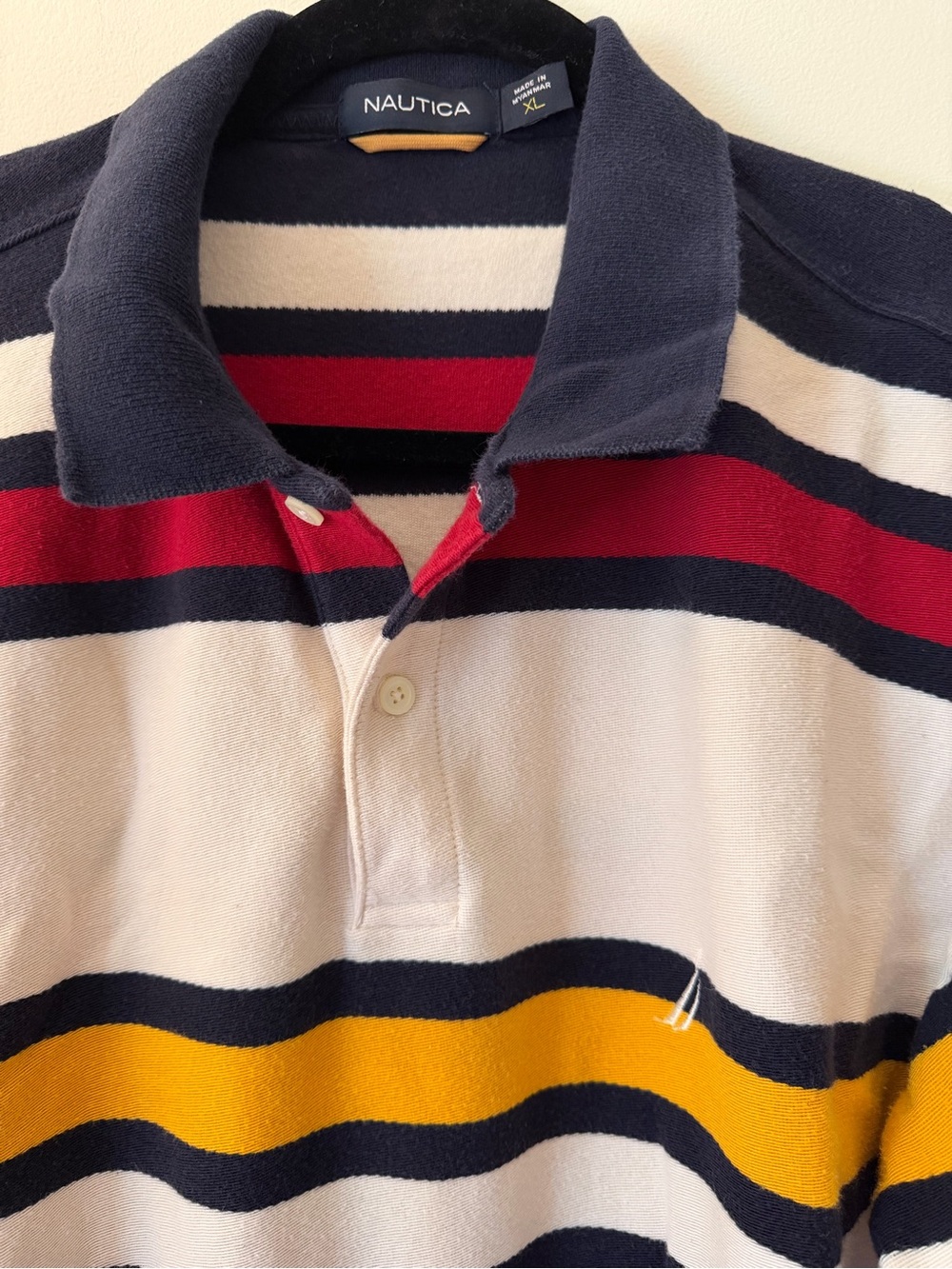 Nautica Navy, White, Red & Yellow Striped V‑Neck Rugby Pullover - Picture 2 of 2